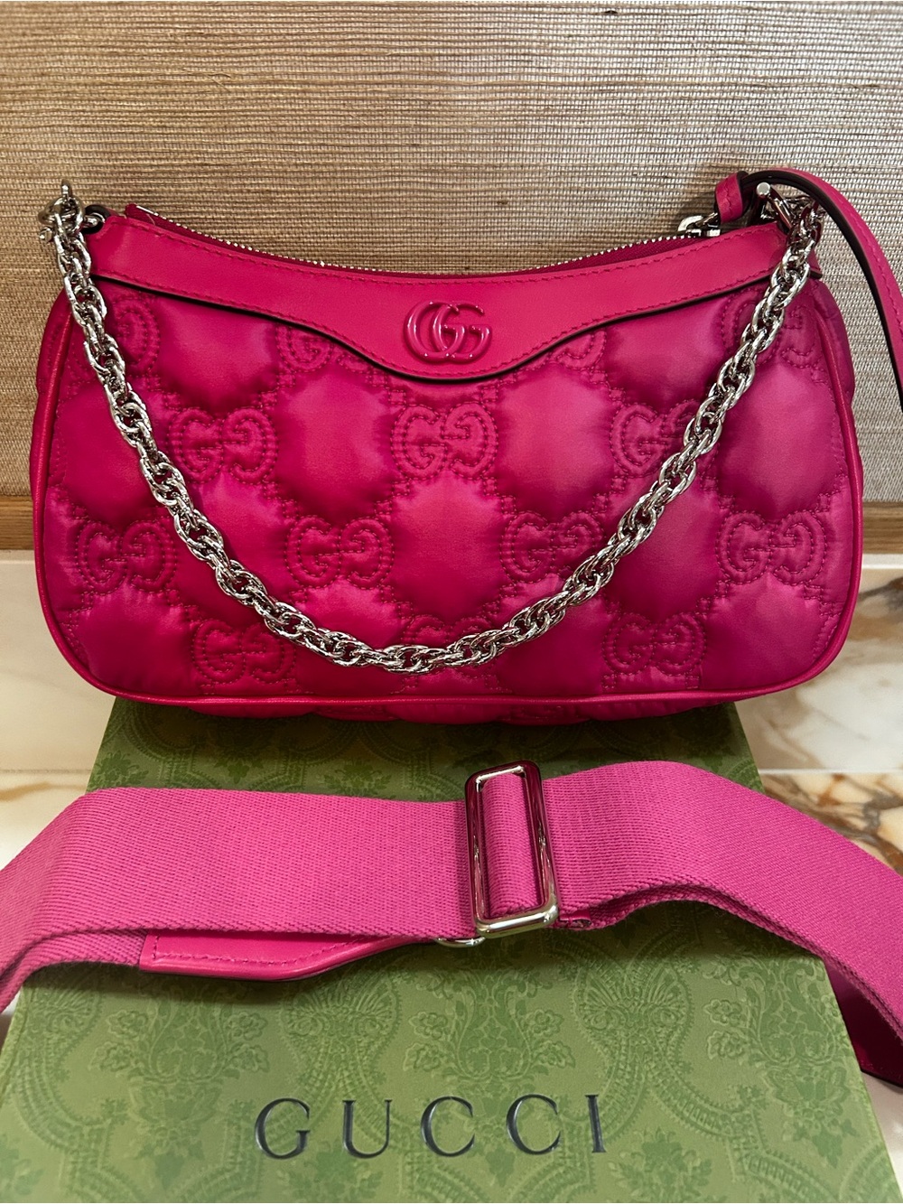 Gucci Fuchsia Quilted GG Satin Shoulder Bag with Chain
